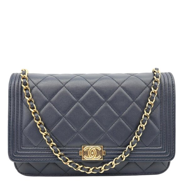 Chanel  Boy Quilted Calfskin Leather Wallet On Chain Crossbody Bag Navy Blue - Picture 1 of 15
